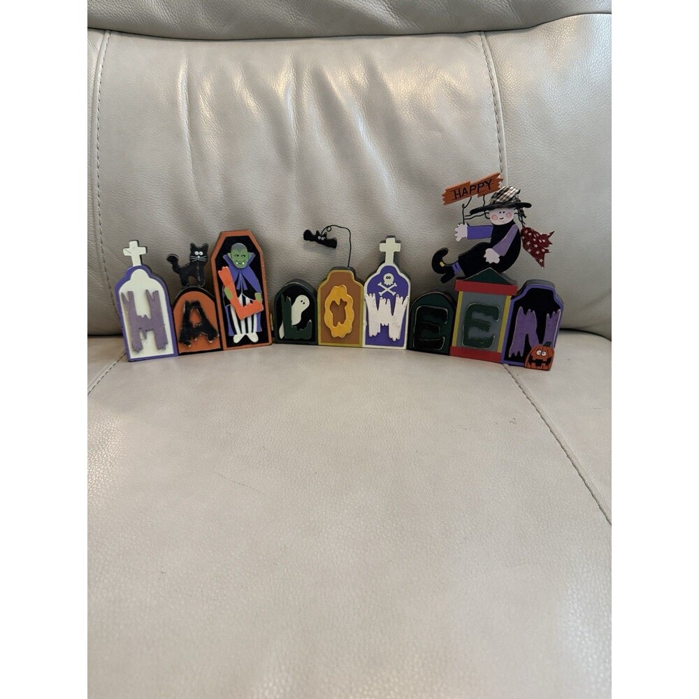 VTG Happy Halloween Letter Block Shelf Decor Witch Ghost Vampire Bats